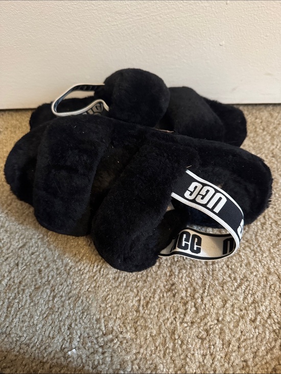 UGG Shoes - Ugg Black Faux Fur Slip-On Slippers with Rubber Sole